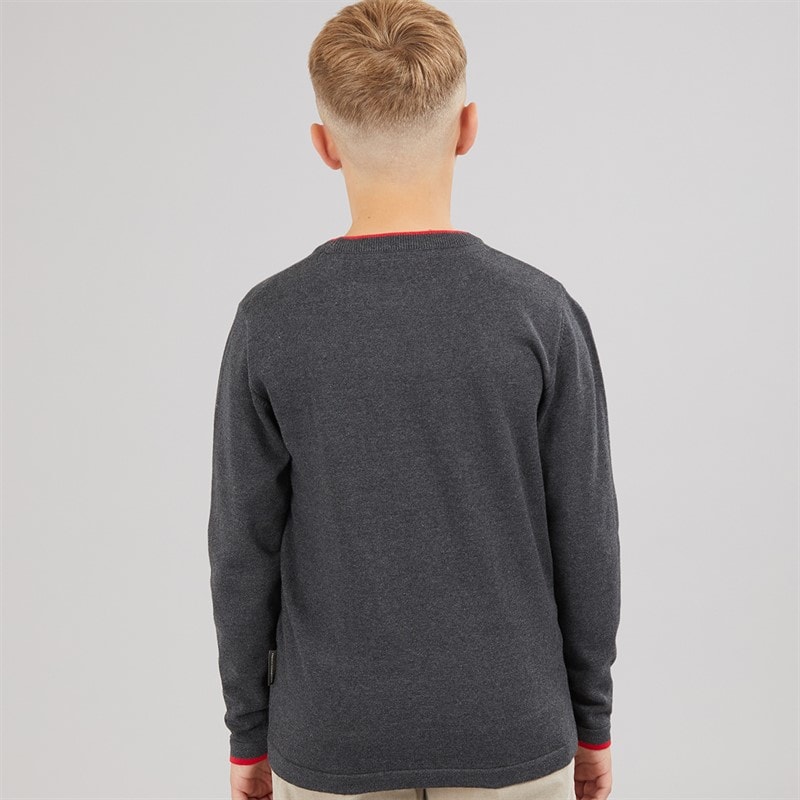 Boys Plain Tipped Knitted Jumper Charcoal Melange/Red - Image 2