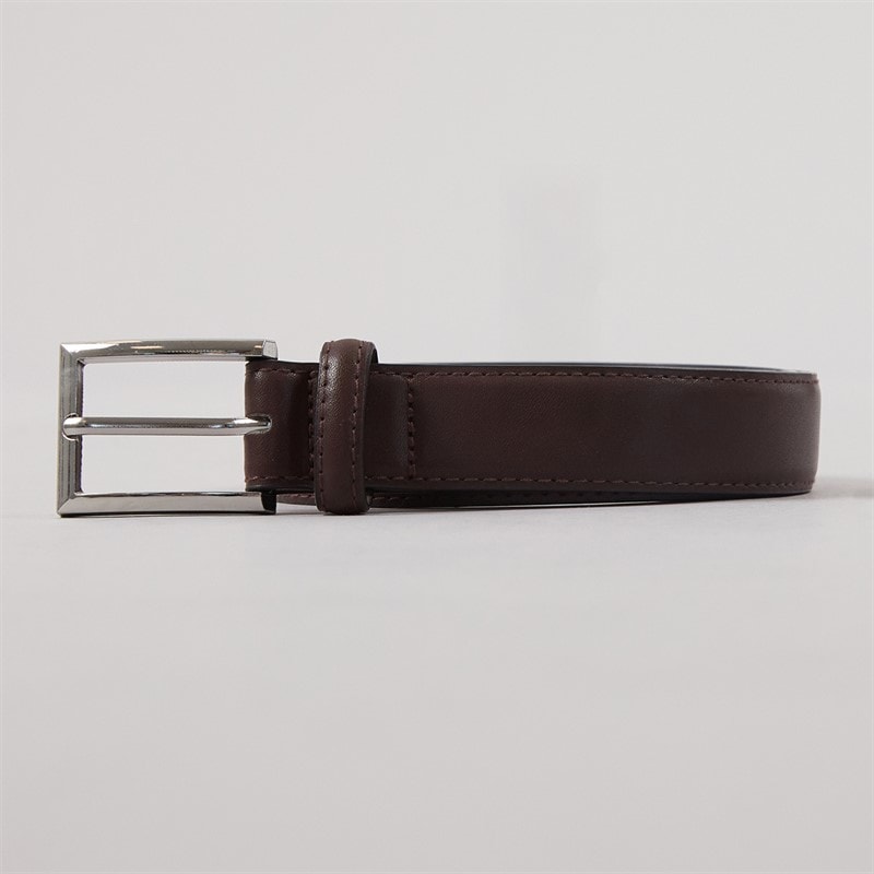 French Connection Mens Essential Leather Keeper Belt Brown Brushed Nickel