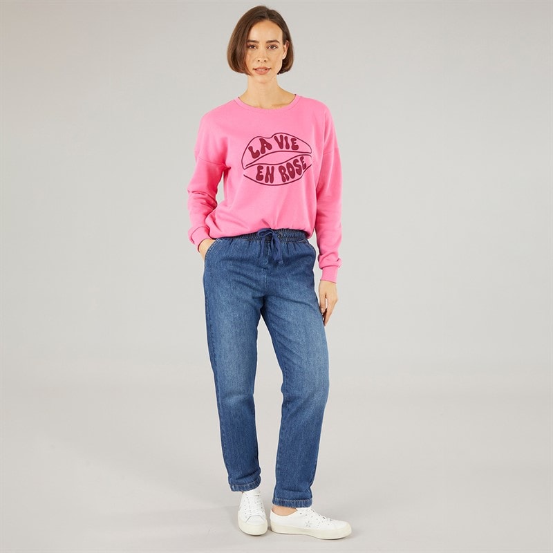 Womens Elasticated Waist Roll Up Jeans Mid Wash - Image 3