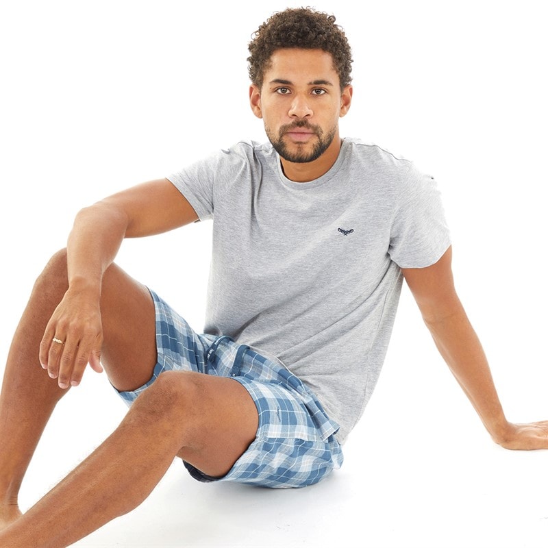 THREADBARE Mens Lopez T-Shirt And Shorts Pyjama Set Grey Marl/Light Blue Check