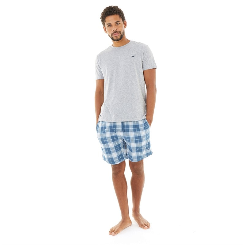 Mens Lopez T-Shirt And Shorts Pyjama Set Grey Marl/Light Blue Check - Image 4