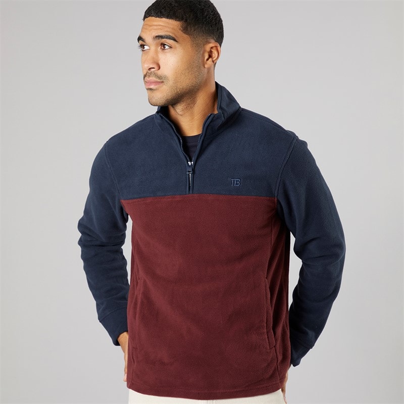 THREADBARE Mens Wham 1/4 Zip Fleece Navy/Burgundy