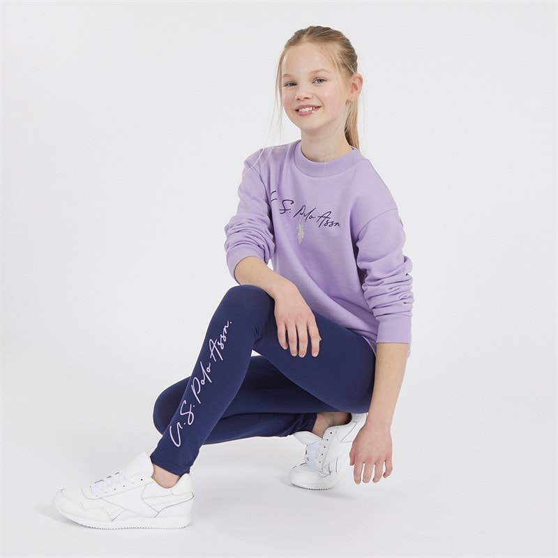 U.S. POLO ASSN. Girls Script Crew Sweatshirt And Leggings Tracksuit Medieval Blue
