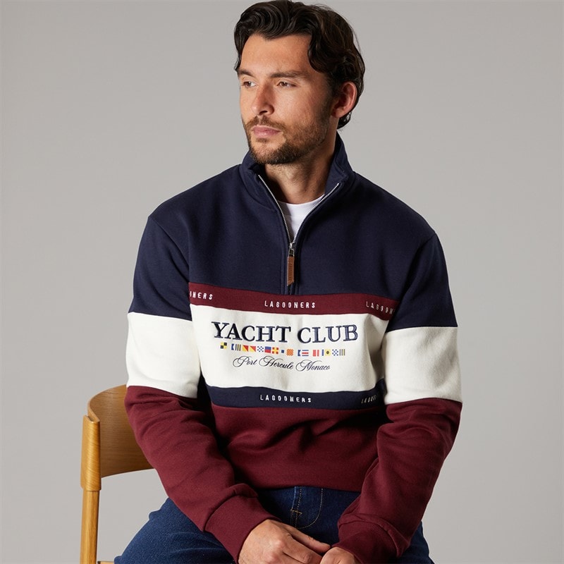 Lagooners Mens Exmouth Funnel Neck Sweat undy Navy/Burgundy