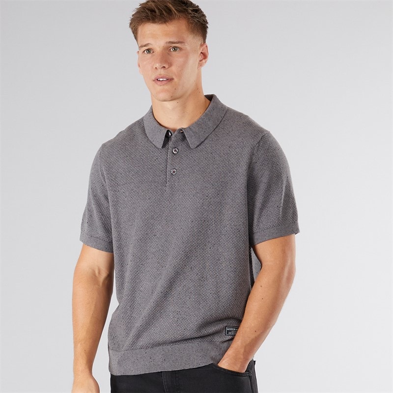 Scotch & Soda Mens Texture Switch Knitted Polo Shirt Dark Grey - Image 1