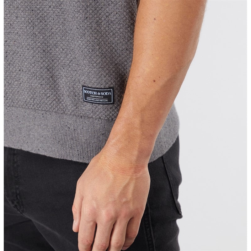 Scotch & Soda Mens Texture Switch Knitted Polo Shirt Dark Grey - Image 3