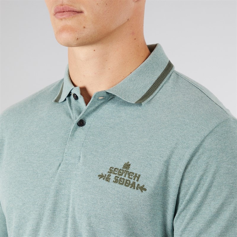 Scotch & Soda Mens Pique Polo Shirt Olive/Khaki - Image 3