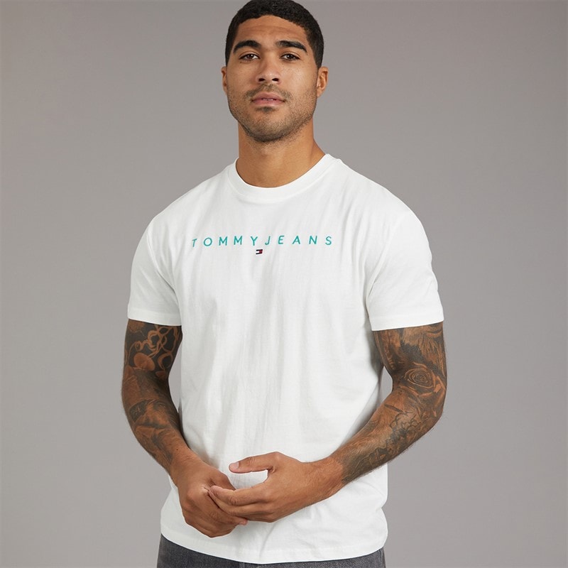 Tommy Jeans Mens Linear Logo T-Shirt Ecru/Bahama Green - Image 1