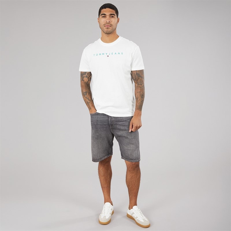 Tommy Jeans Mens Linear Logo T-Shirt Ecru/Bahama Green - Image 3