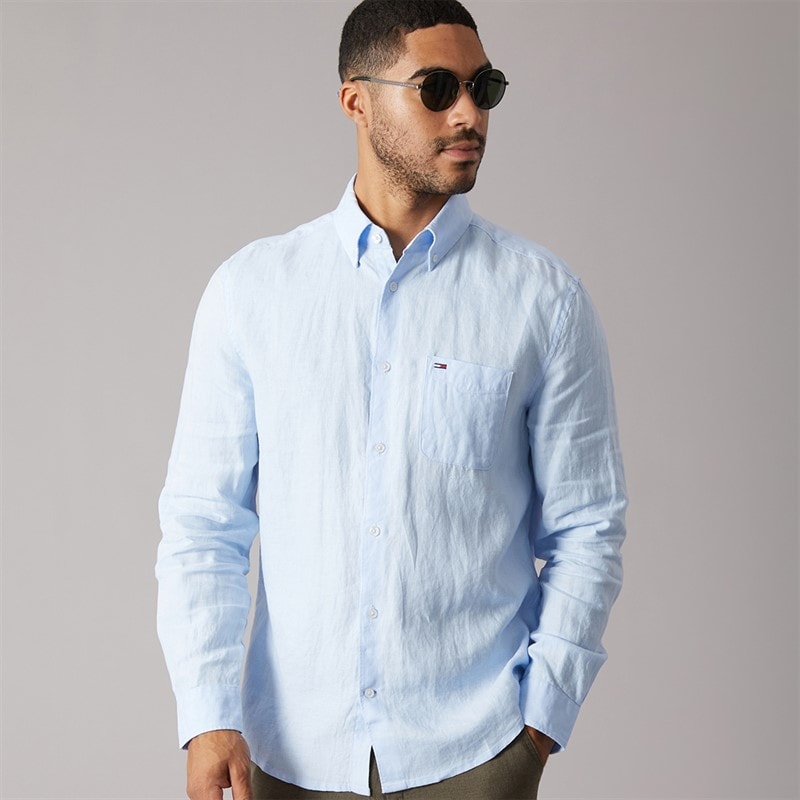 Tommy Jeans Mens Linen Long Sleeve Shirt Sweet Blue - Image 1