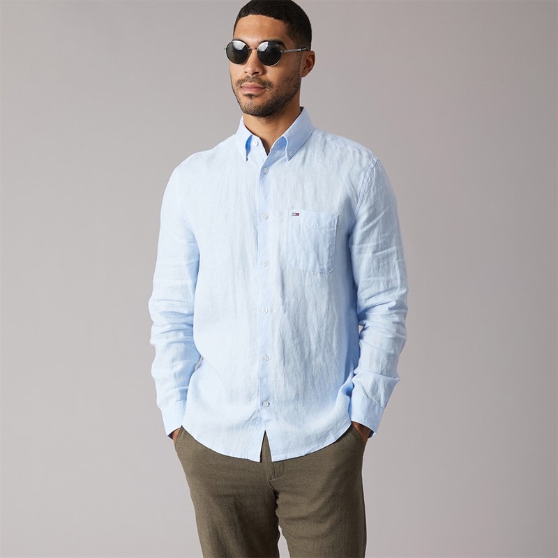Tommy Jeans Mens Linen Long Sleeve Shirt Sweet Blue - Image 5