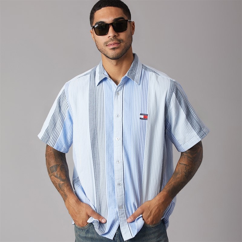 Tommy Jeans Mens Stripe Short Sleeve Shirt Sweet Blue Stripes