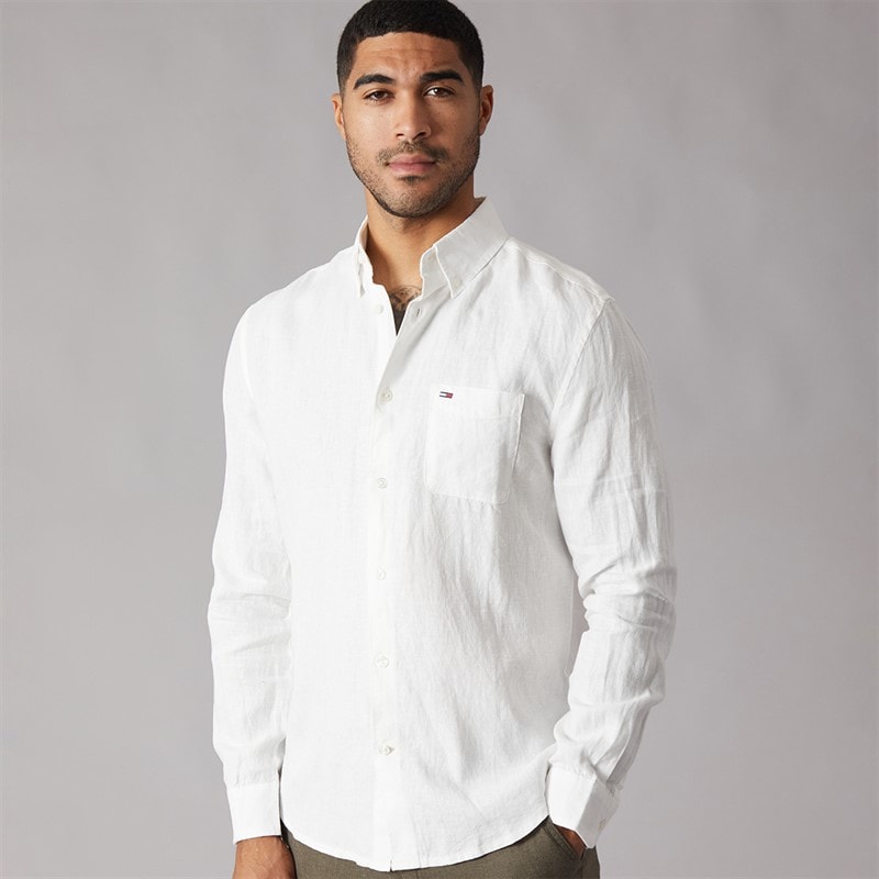 Tommy Jeans Mens Linen Long Sleeve Shirt Ecru - Image 1