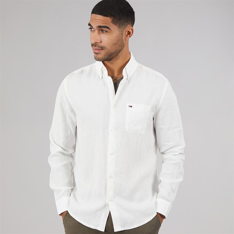 Tommy Jeans Mens Linen Long Sleeve Shirt Ecru - Image 5