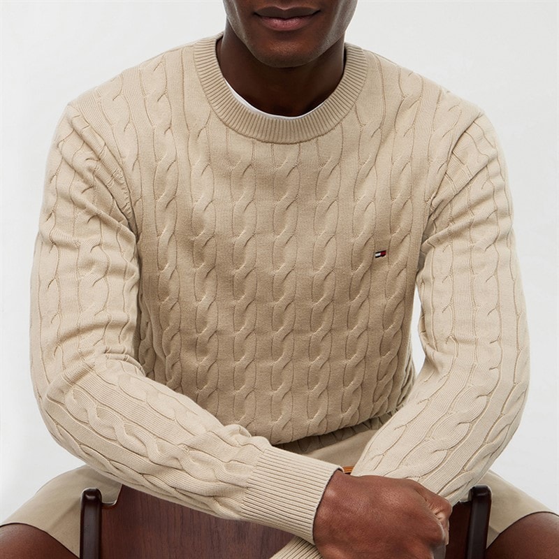 Tommy Jeans Mens Flag Embroidery Cable Knit Sweater Sandalwood - Image 3