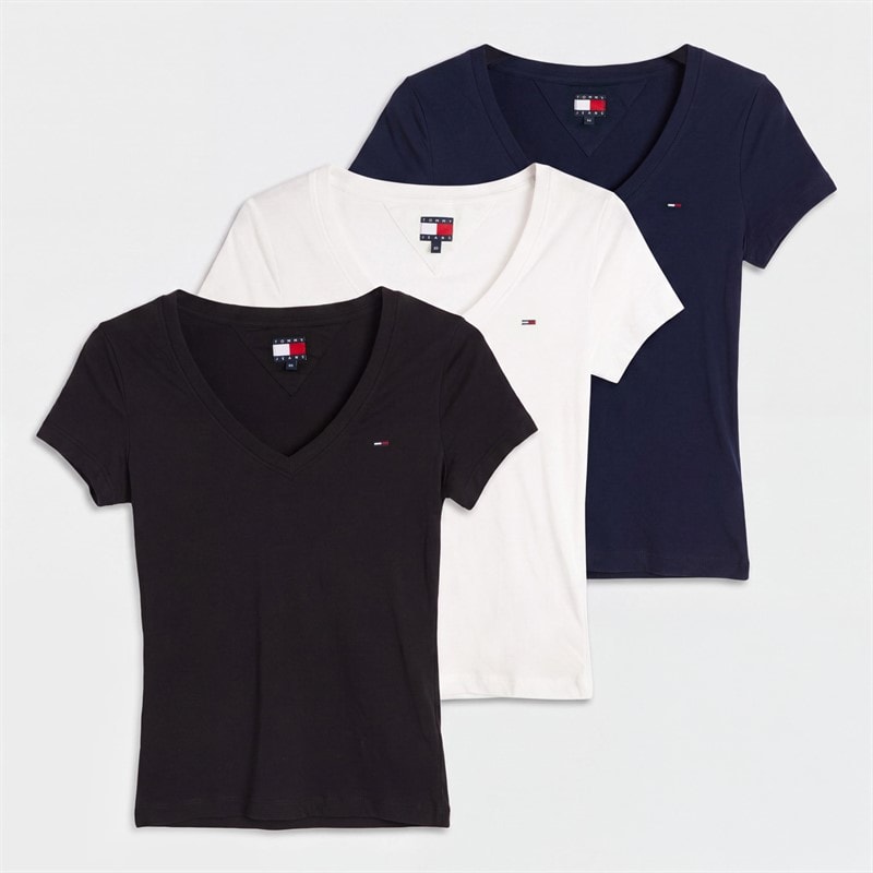 Tommy Jeans Womens Three Pack V-Neck T-Shirts Black/Ecru/Dark Night Navy