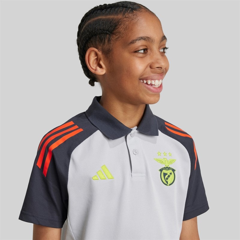 adidas Junior Boys SLB Benfica Polo Shirt Light Solid Grey/Semi Solar Orange - Image 2