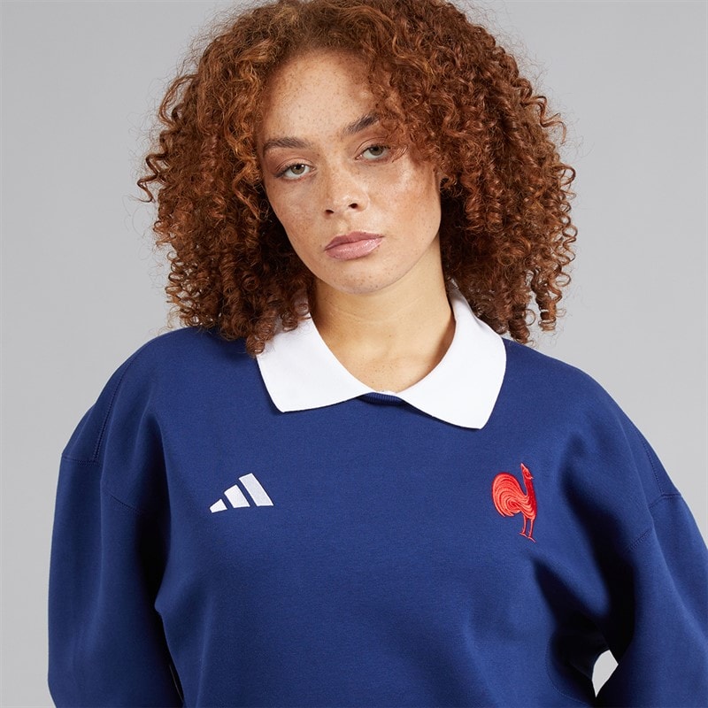 adidas Womens FFC France Rugby Long Sleeve Sweat Dark Blue/White - Image 3