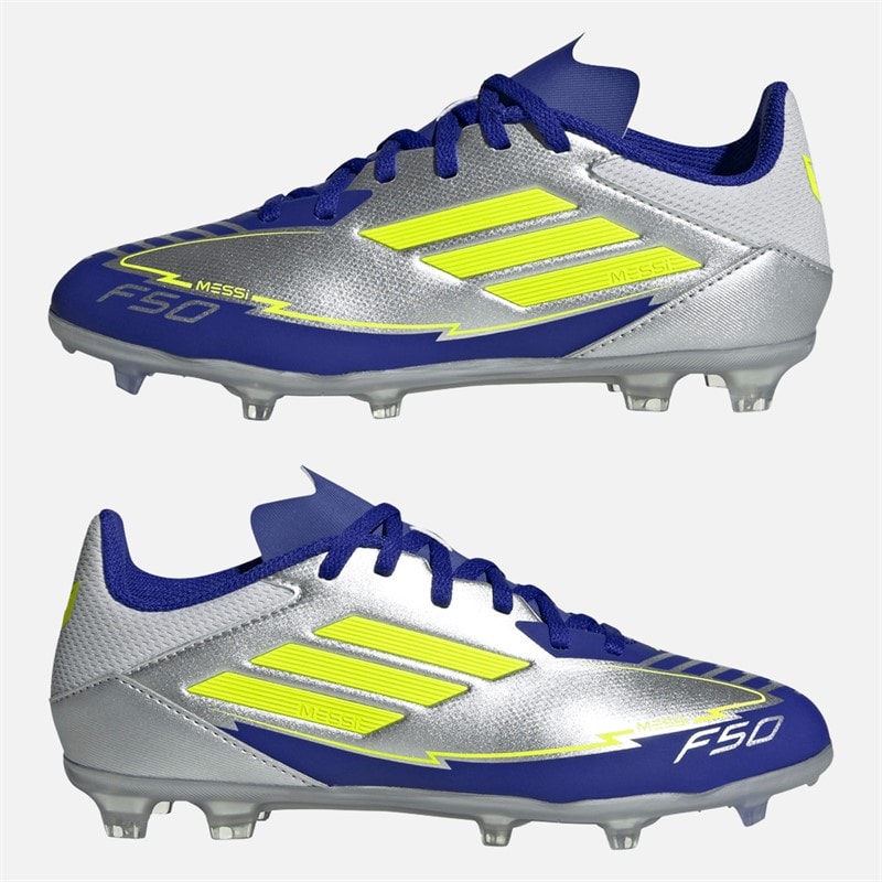 adidas Junior F50 League Messi FG/MG Firm/multi Ground Football Boots Silver Metallic/Solar Yellow/Lucid Blue - Image 1