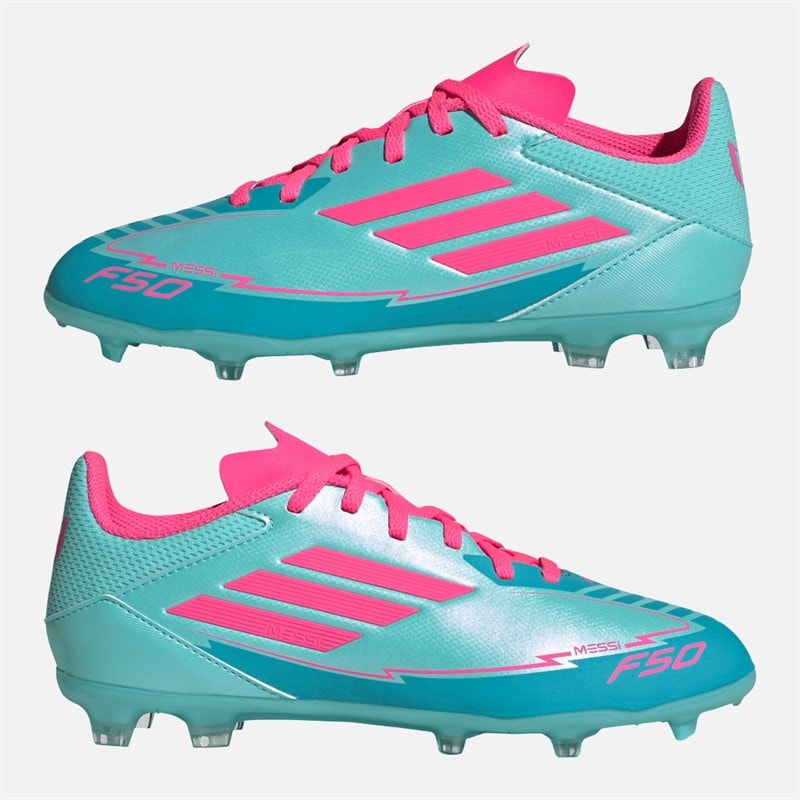 adidas Junior F50 League Messi FG/MG Firm/multi Ground Football Boots Flash Aqua/Lucid Pink/Lucid Cyan - Image 1