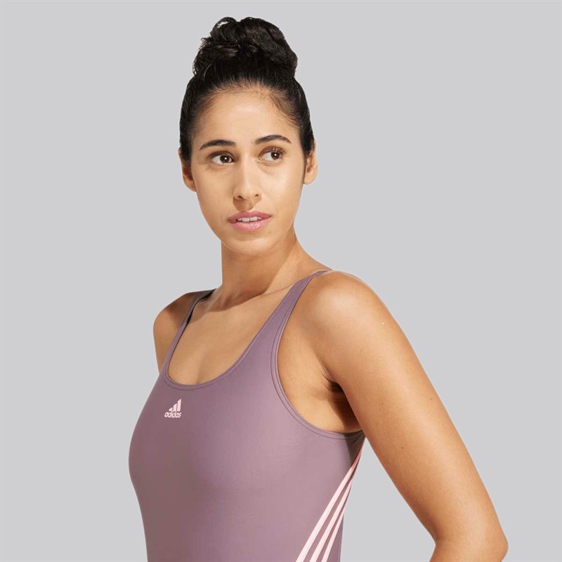 adidas Womens 3-Stripes Swimsuit Shadow Fig/Pink Spark - Image 3