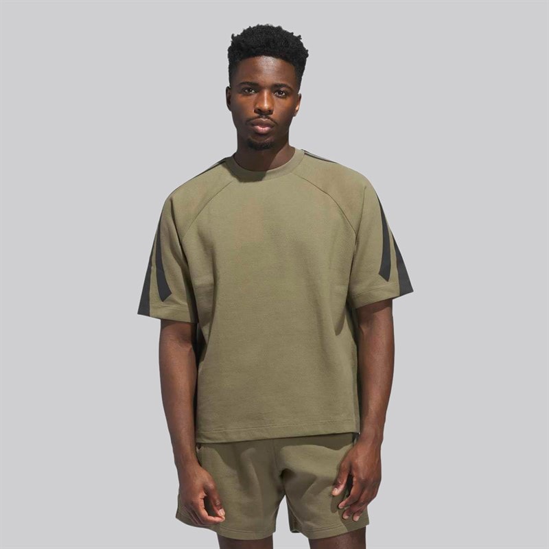 adidas Mens adidas Basketball Short Sleeve Sweatshirt Olive Strata - Image 2