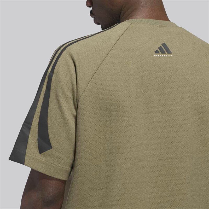 adidas Mens adidas Basketball Short Sleeve Sweatshirt Olive Strata - Image 4
