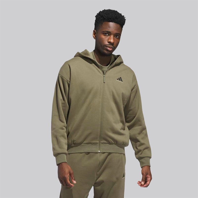 adidas Mens adidas Basketball Full-Zip Hoodie Olive Strata - Image 2