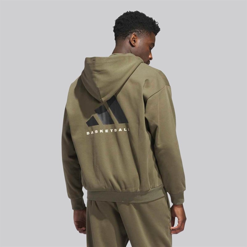 adidas Mens adidas Basketball Full-Zip Hoodie Olive Strata - Image 3