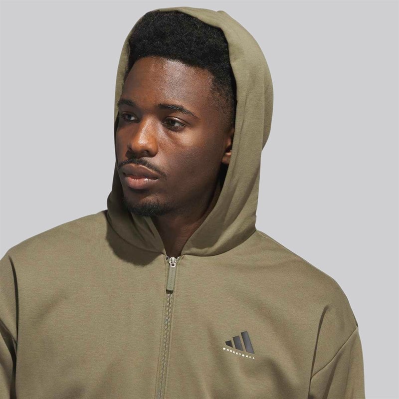 adidas Mens adidas Basketball Full-Zip Hoodie Olive Strata - Image 4