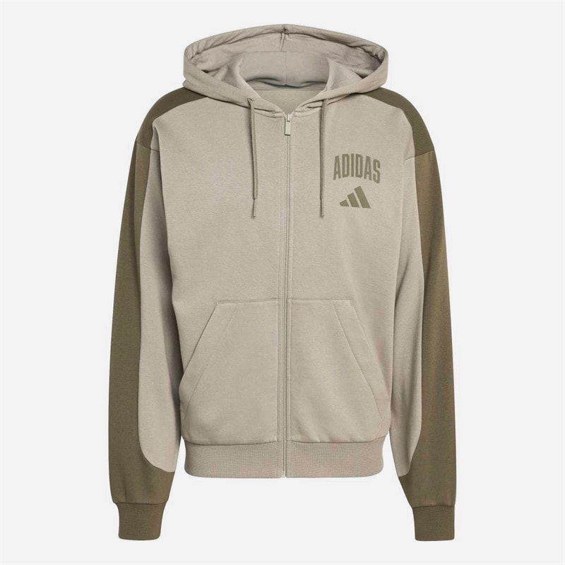 adidas Mens Collegiate Fleece Full Zip Hoodie Silver Pebble/Olive Strata