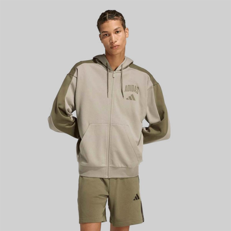 adidas Mens Collegiate Fleece Full Zip Hoodie Silver Pebble/Olive Strata - Image 2