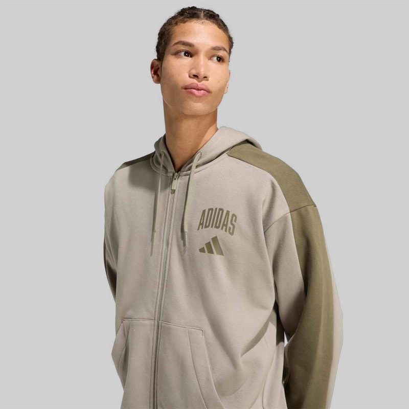 adidas Mens Collegiate Fleece Full Zip Hoodie Silver Pebble/Olive Strata - Image 5
