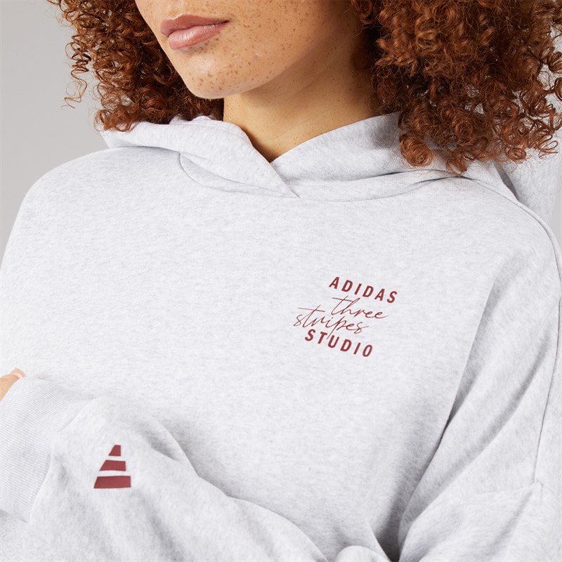 adidas Womens 3 Stripes Studio Hoodie Light Grey Heather - Image 3
