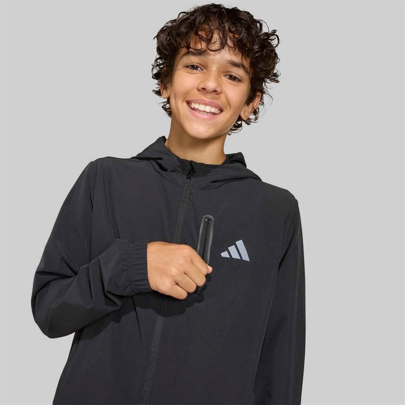 adidas Junior Boys Tech Woven Hooded Jacket Black/Grey Four - Image 3