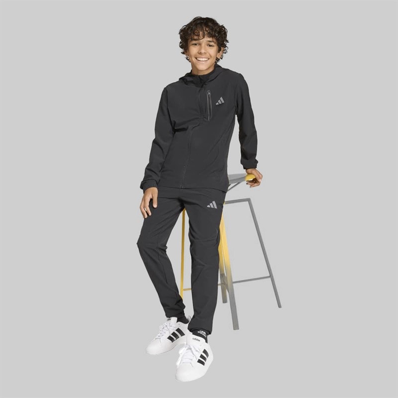 adidas Junior Boys Tech Woven Hooded Jacket Black/Grey Four - Image 4