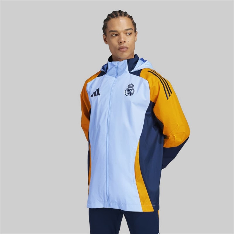 adidas Mens RMA Real Madrid 24/25 Competition All Weather Jacket Glow Blue/Crew Orange/Team Navy Blue