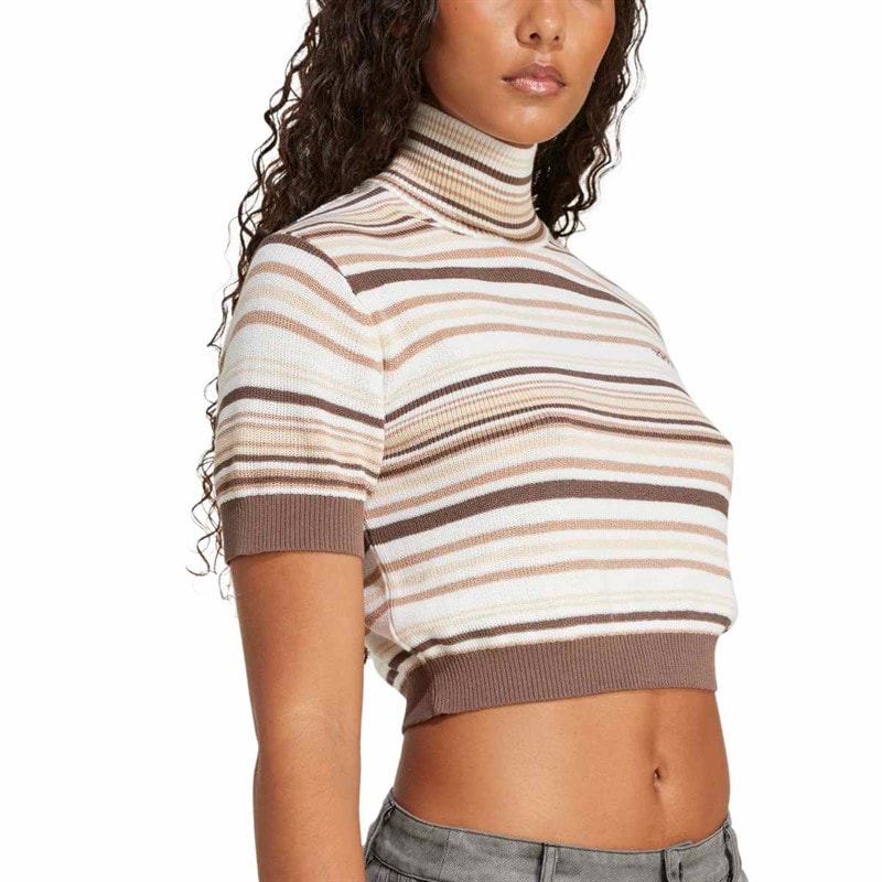 adidas Originals Womens Striped Knitted Cropped Turtleneck Top Earth Strata/Warm Sandstone/Sand Strata/Off White - Image 3