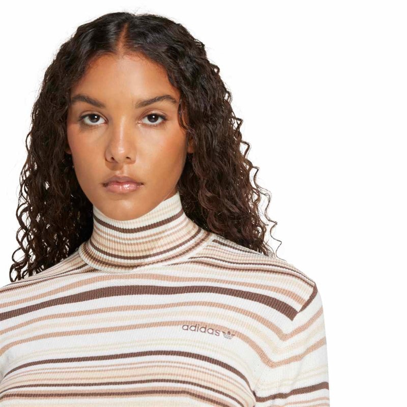 adidas Originals Womens Striped Knitted Cropped Turtleneck Top Earth Strata/Warm Sandstone/Sand Strata/Off White - Image 5