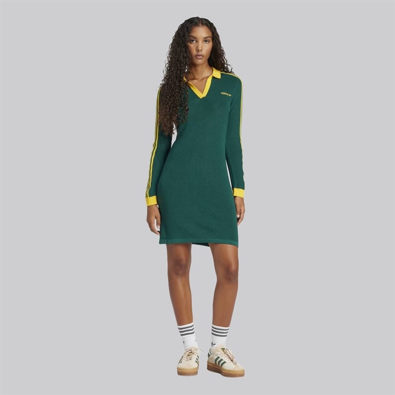 adidas Originals Womens Knitted Polo Dress Collegiate Green/Cream Yellow