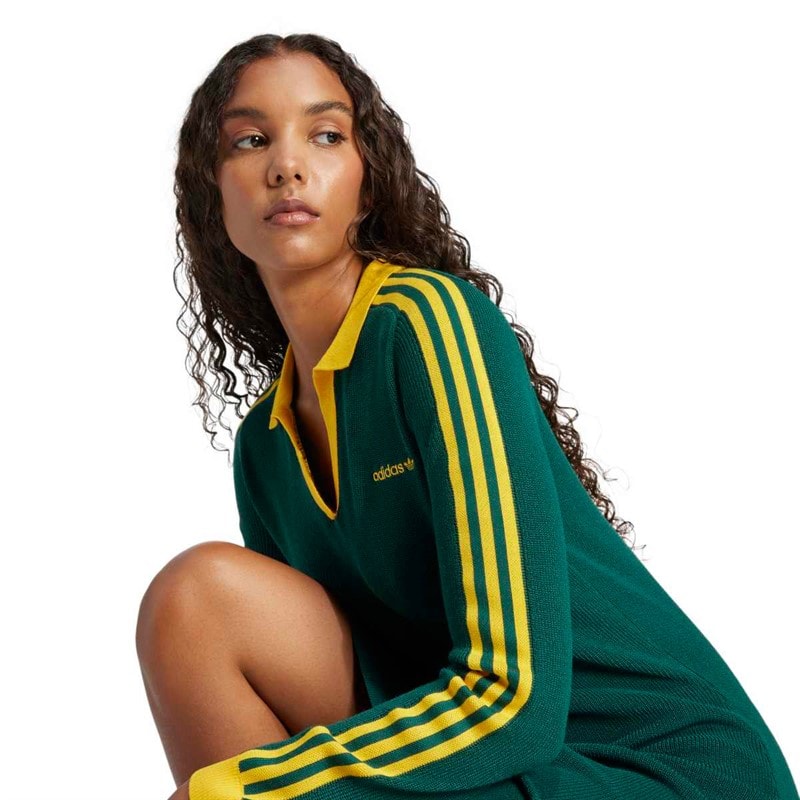 adidas Originals Womens Knitted Polo Dress Collegiate Green/Cream Yellow - Image 3