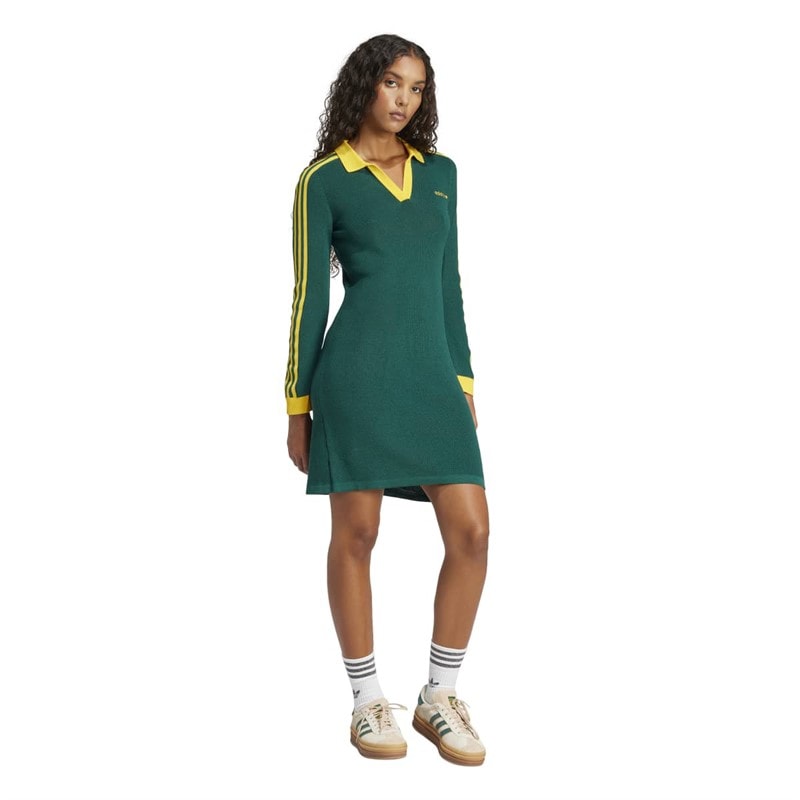 adidas Originals Womens Knitted Polo Dress Collegiate Green/Cream Yellow - Image 4