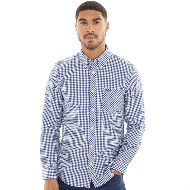 Ben Sherman Mens Long Sleeve Gingham Dark Blue