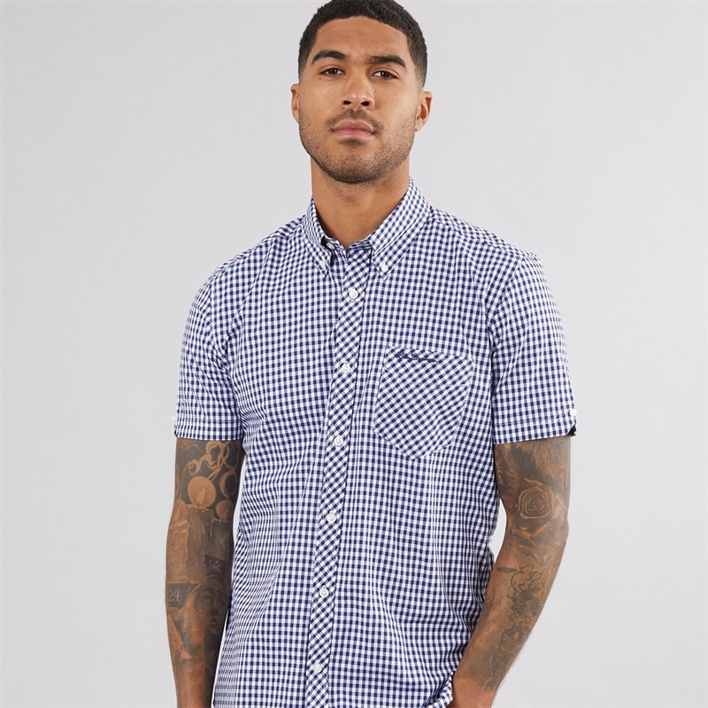 Ben Sherman Mens Short Sleeve Gingham Shirt Dark Blue