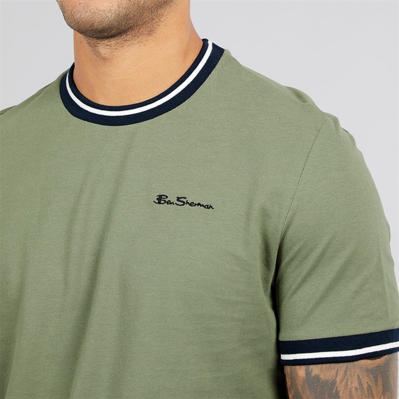 Ben Sherman Mens Pique Ringer T-Shirt Pale Khaki - Image 3