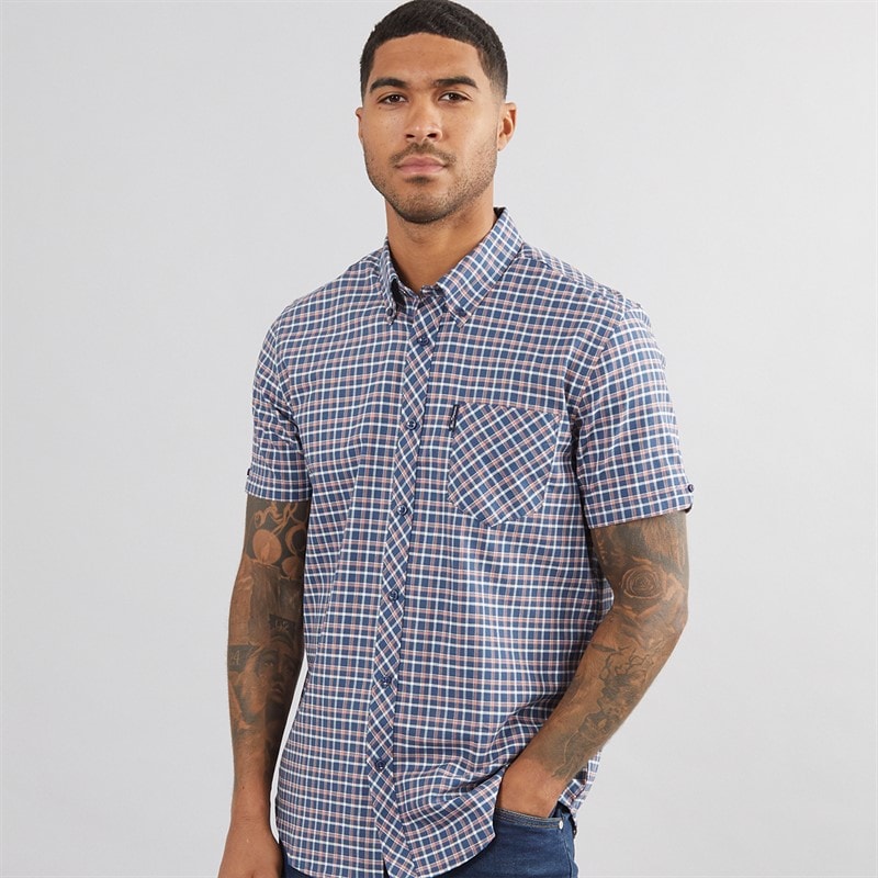 Ben Sherman Mens Oxford Overcheck Shirt Blue Denim