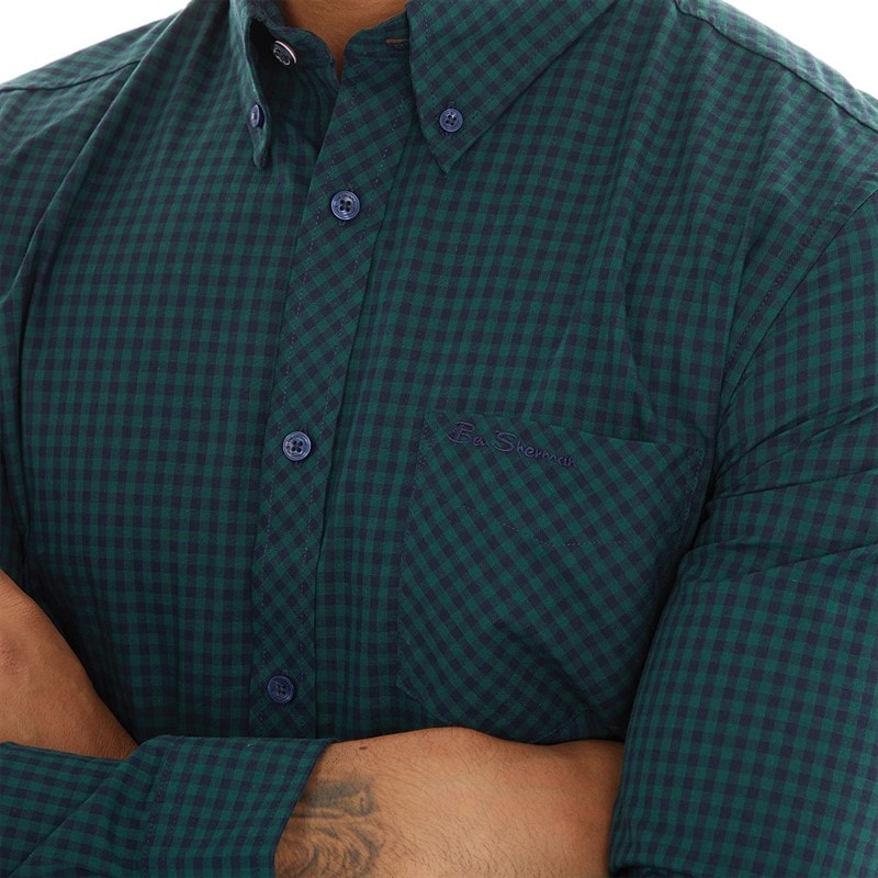 Ben Sherman Mens Long Sleeve Gingham Dark Green - Image 3