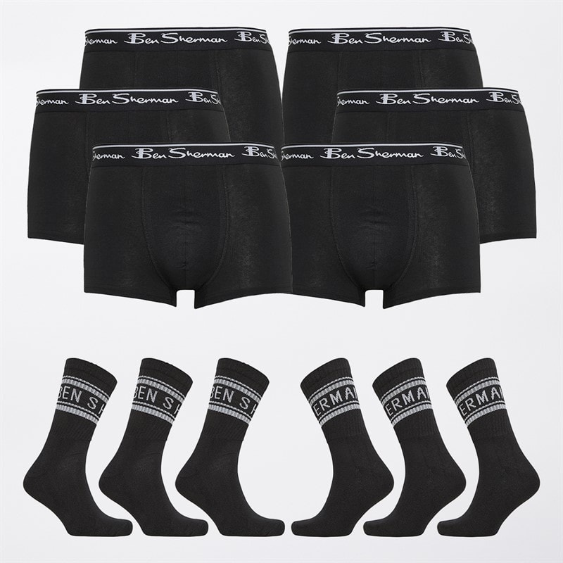 Ben Sherman Mens Six Pack Boxers And Six Pack Socks Gift Set Black