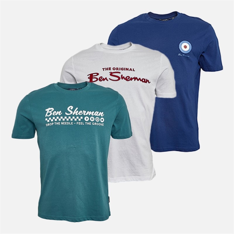 Ben Sherman Mens Mixed Three Pack T-Shirts Teal/Twilight Denim/White