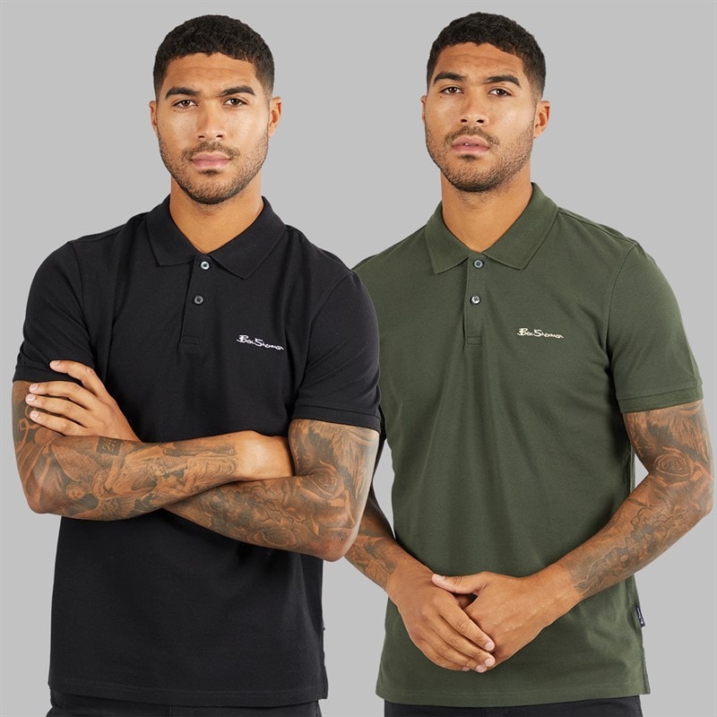 Ben Sherman Mens Two Pack Plain Polo Shirts Black/Khaki - Image 1